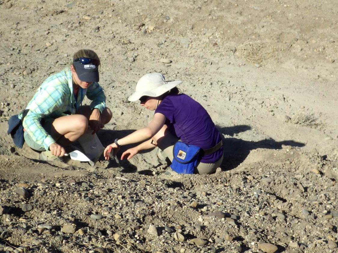 two women examining ground