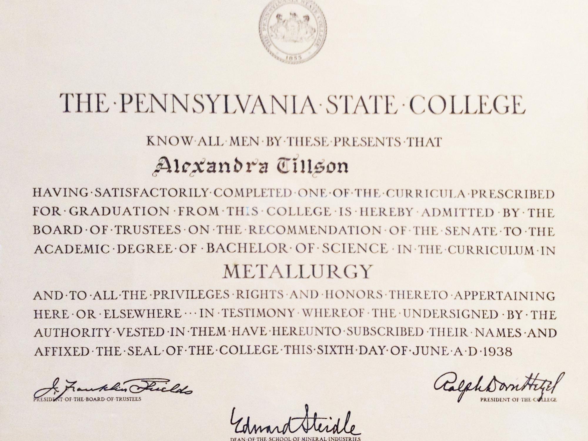 Alexandra Tillson Filer's 1938 diploma