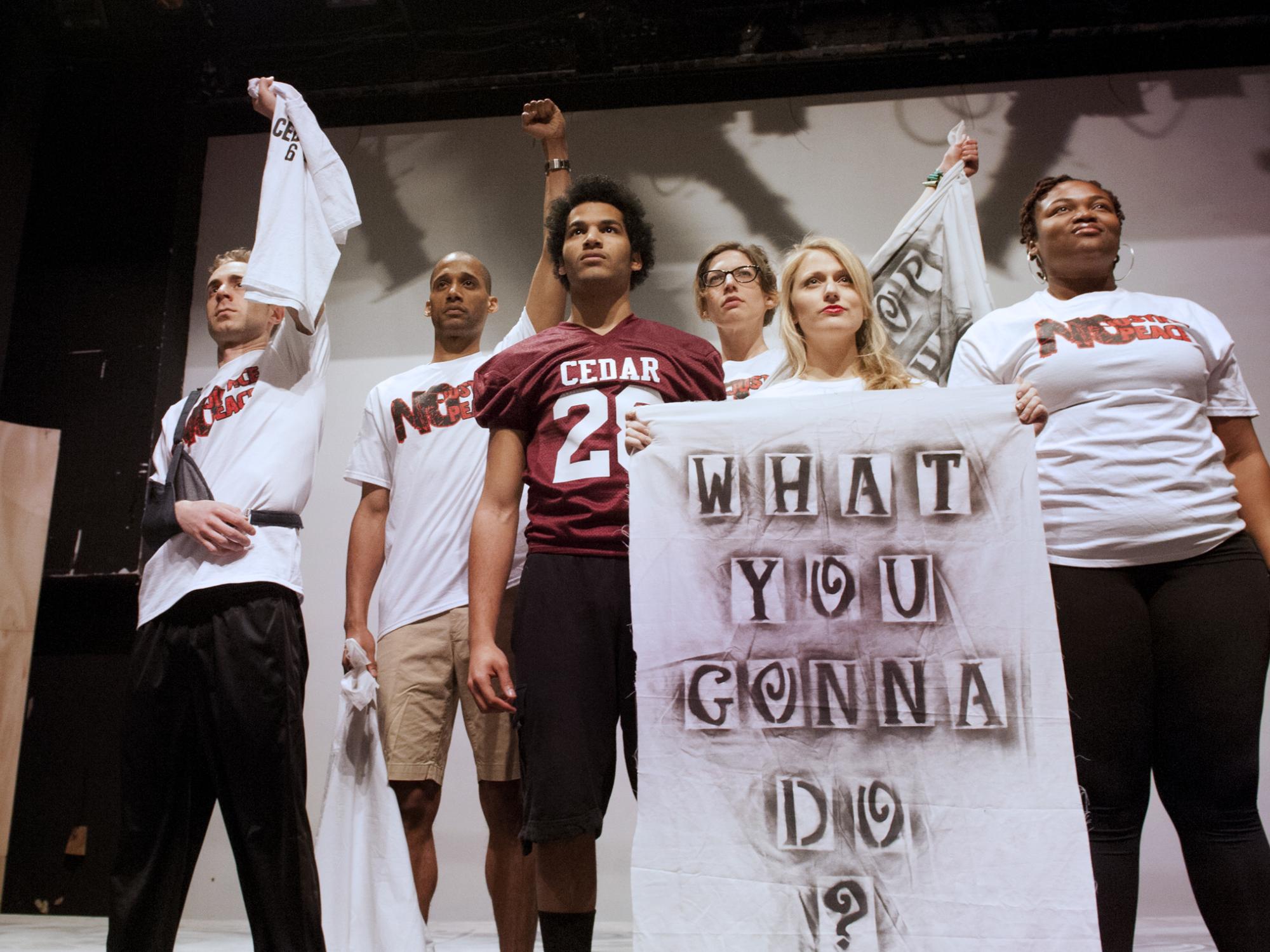 The cast rehearsal for the Penn State Centre Stage production of 'Blood at the Root' at the Penn State Downtown Theatre.