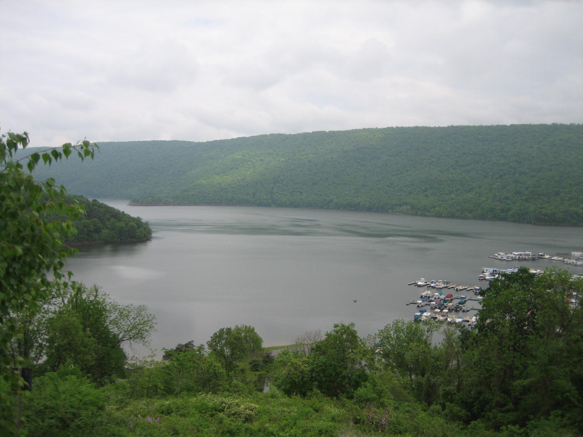 View from above of Raystown Lake and surrounding forest