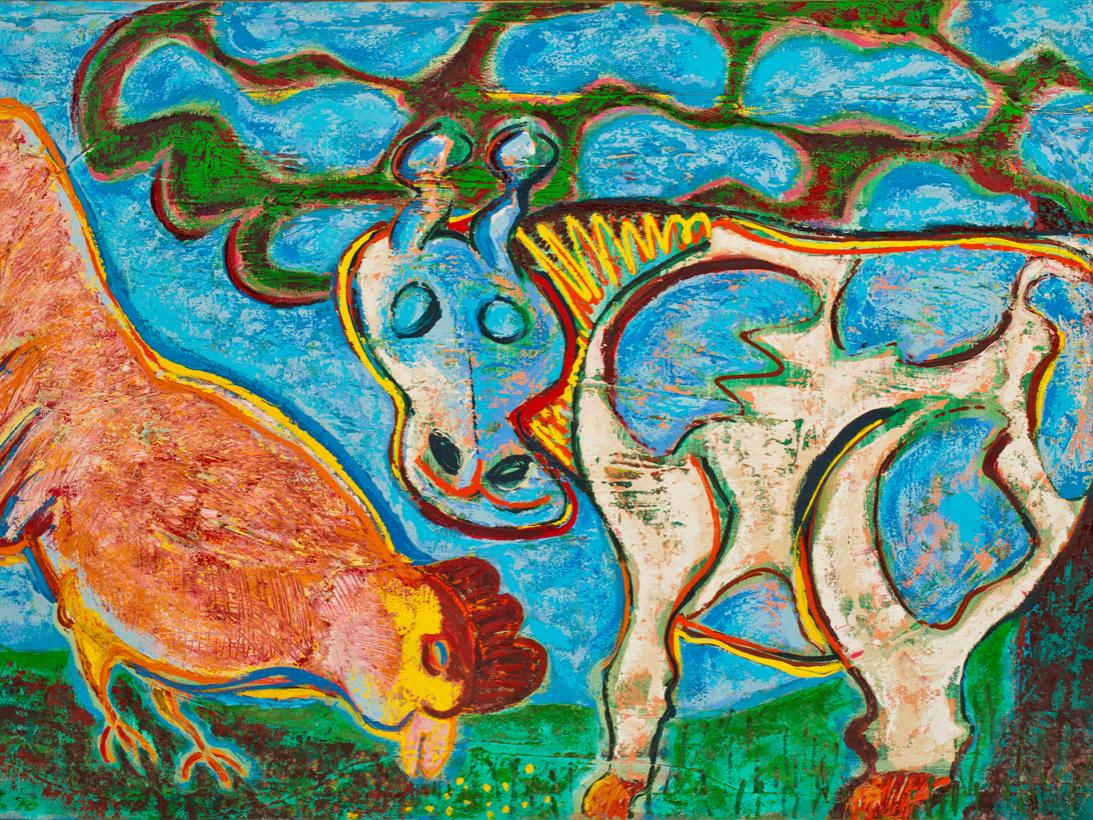 "Chicken, Cow and Tree," a painting by Greg Weaver