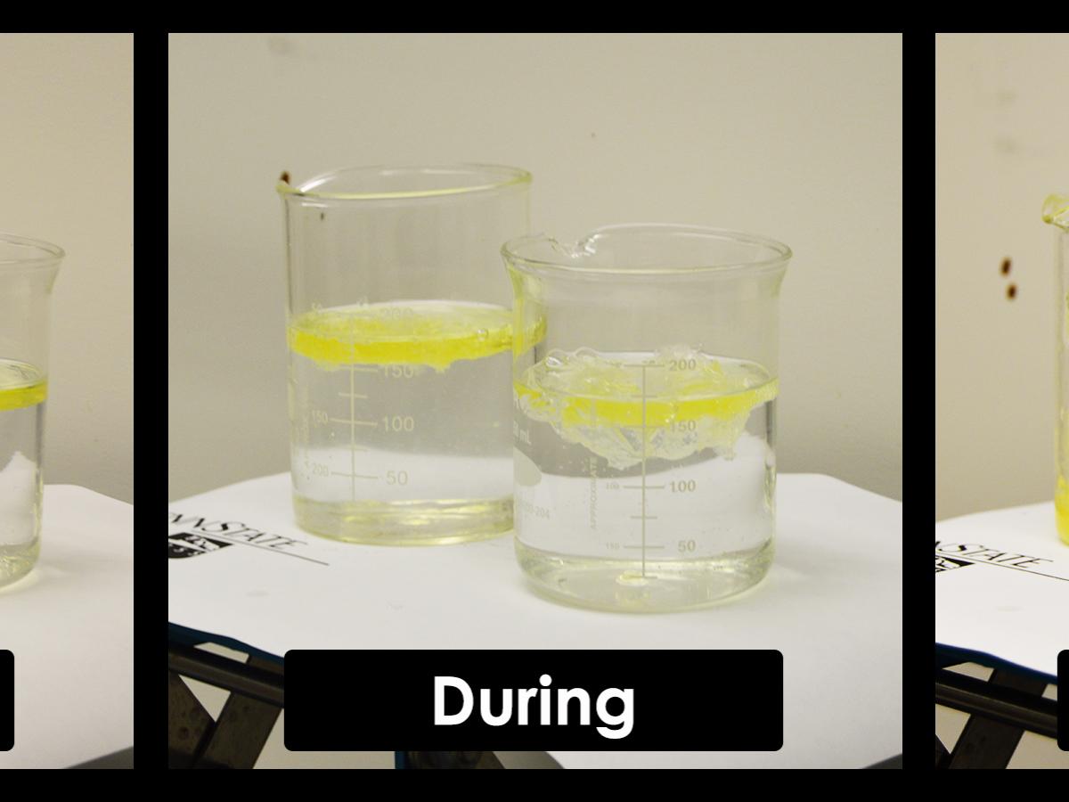 before, during, and after images of PetroGel as it absorbs diesel gas.