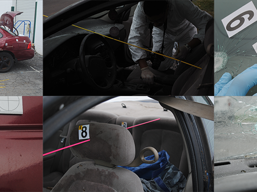 Analyzing bullet holes and trajectories at a mock crime scene.