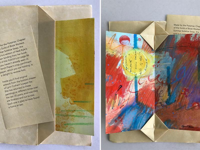 two image collage of typed explanation and artist's card using crown binding and small original painting