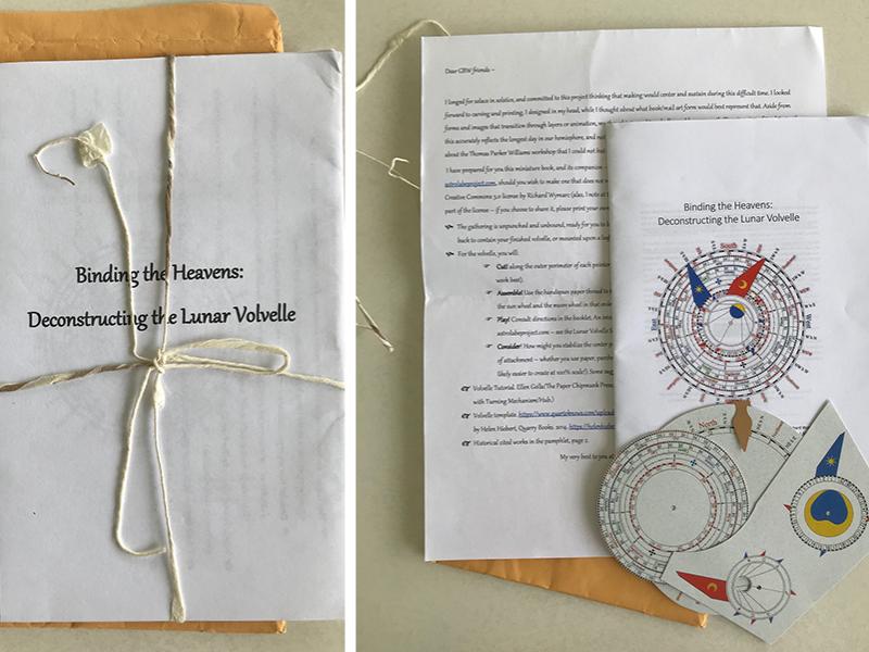 two-image photo collage showing a letter, paper cord-wrapped booklet and cutout paper pieces to be bound as a wheel chart
