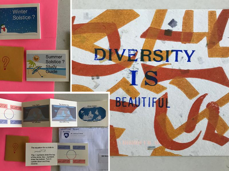three-photo collage small folded booklets of solstice study guides, paper stamped with words diversity is beautiful