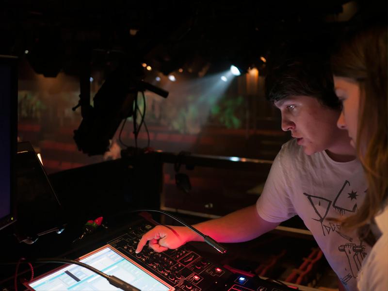 Students use the soundboard at the Pavilion Theatre 