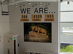 Room with banners hanging on the wall highlighting the academic honors of Penn State football players. 