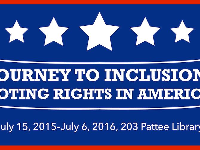 University Libraries voting rights exhibit, horizontal image, bluw background, white text and graphics, red border