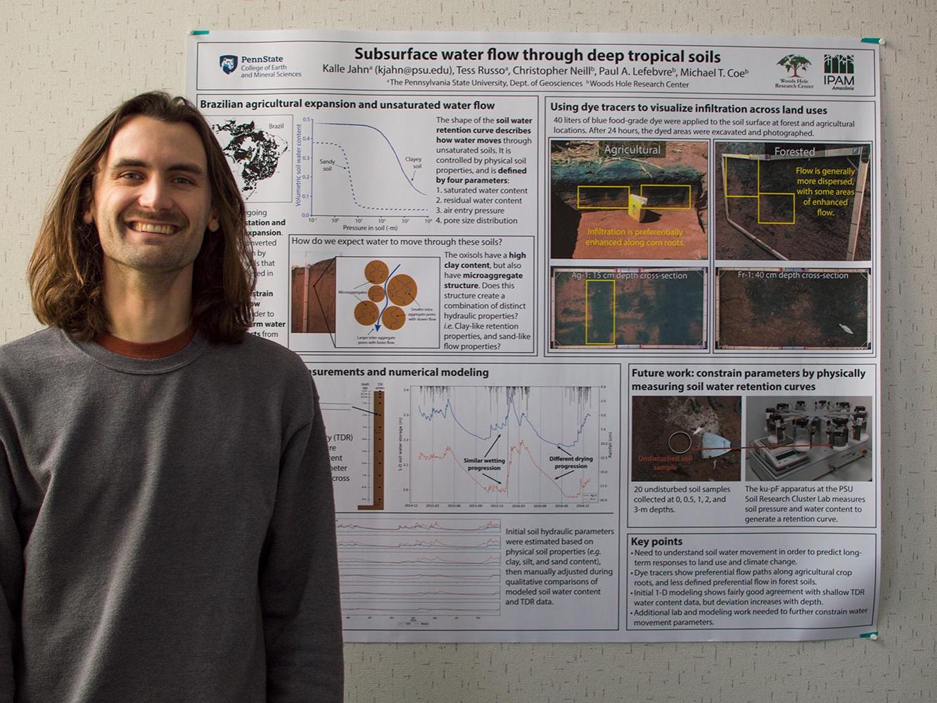Kalle Jahn, Geosciences graduate student, stands next to his research poster