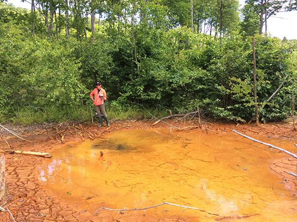 Ayala-Munoz stands next to one of the acid pit lake deposits used in her research. Lakes such as these contributed to her poster, which she presented at the ABASM annual meeting.