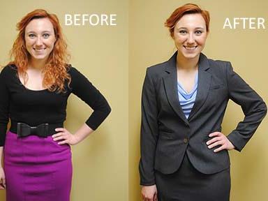 Penn State Behrend student Kristina Peszel models before-and-after job interview outfits.