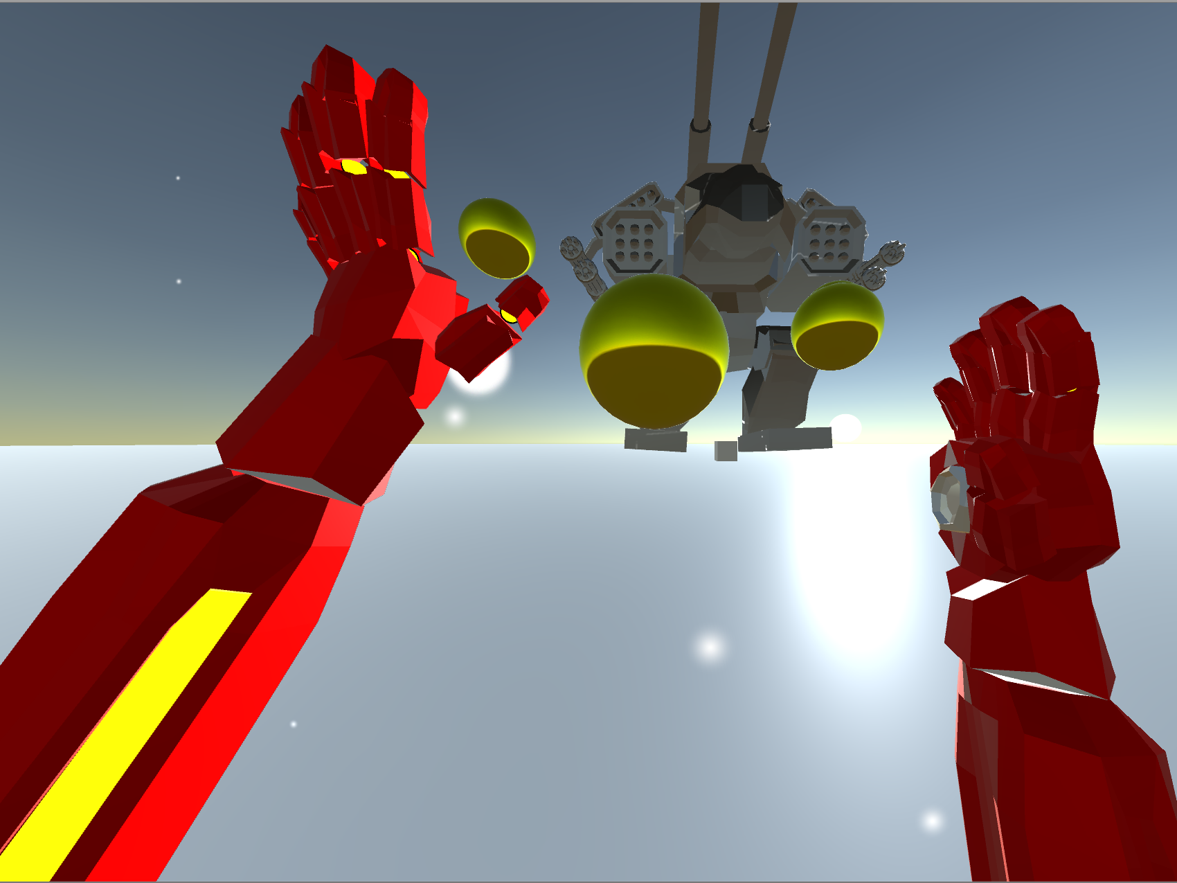 A virtual reality character holds up its hands 