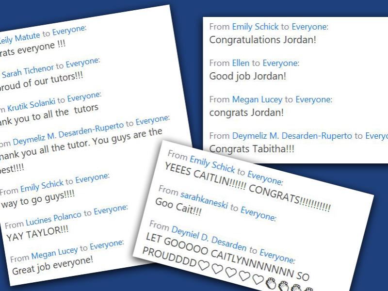 screenshots of congratulatory messages from their peers, faculty and staff