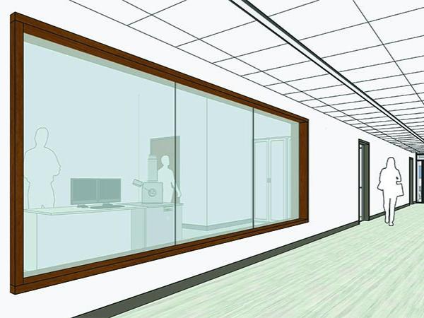Rendering of hallway with internal window displaying microscope