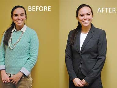 Penn State Behrend student Robin Siegenthaler models before-and-after job-interview outfits.
