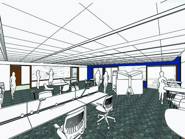 Rendering of lounge that includes work stations and computers