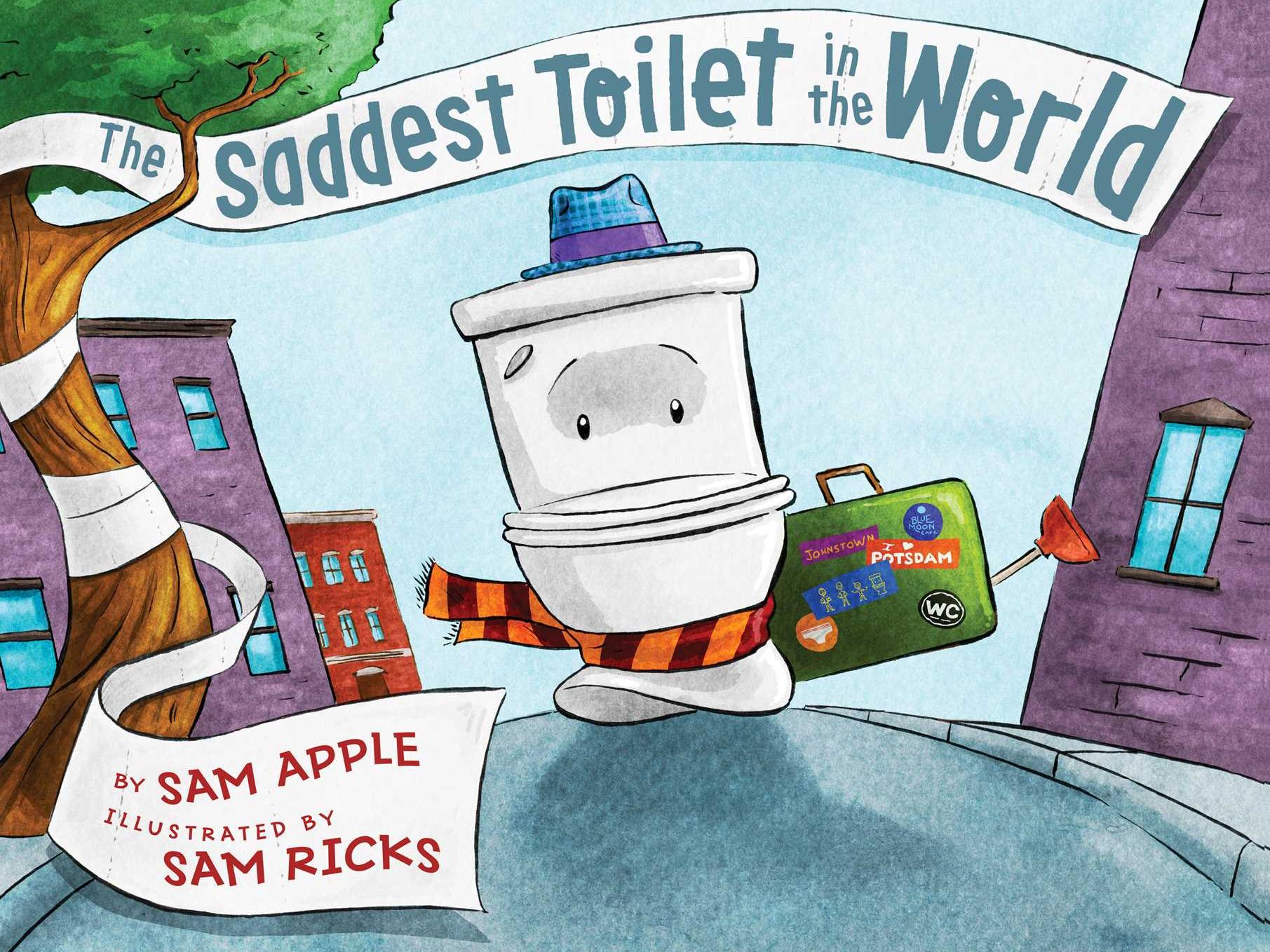 book cover featuring illustration of a toilet with a suitcase and a plunger traveling down a street