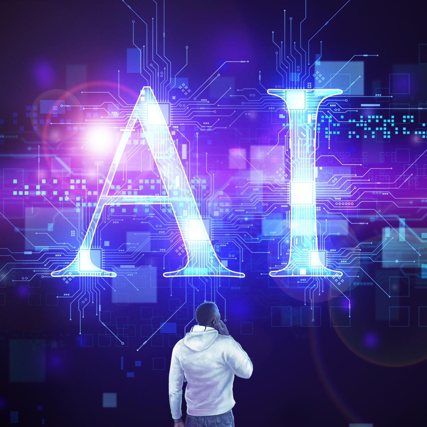 Illustration of a man looking at the words AI with network-like symbols around it