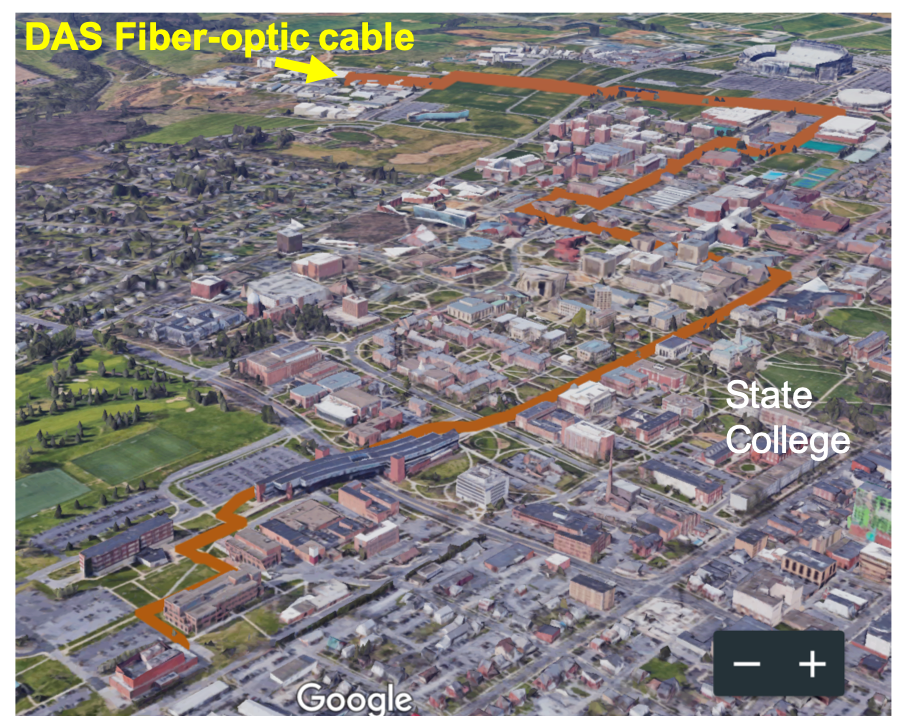 Bird's eye view of the Penn State University Park campus with a line where the fiber optic cables are running.