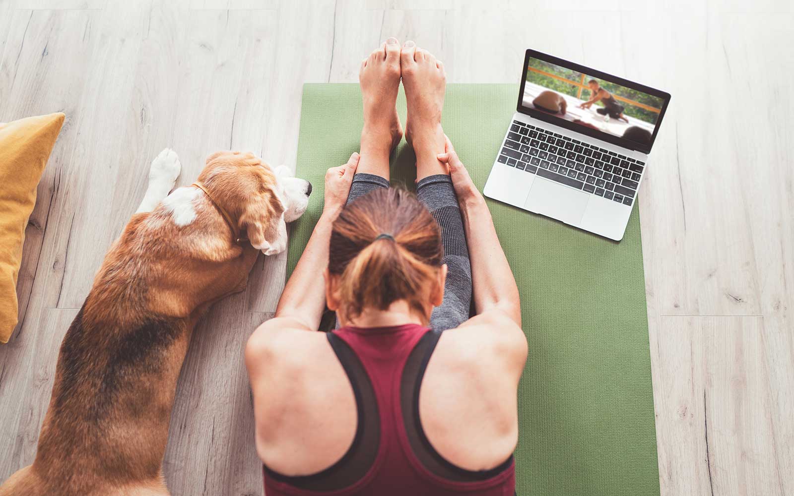 Woman doing online yoga with dog by her side